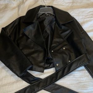 Missguided Cropped Faux Leather Jacket with Belt Size 4